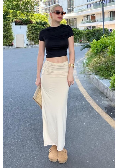Madmext Bej Yandan Büzgülü Maxi Etek Mg2085 Bej