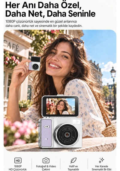 Mimtec Blm-109 Retro Mini Dijital Kamera 1080p Hd Katlanabilir Ekran Flaşlı Selfie Vlog Video Kamerası Mor