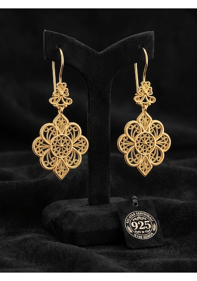 925 Ayar Gümüş Geleneksel Telkari Gold Dantel İşlemeli Sallantılı Kanca Küpe