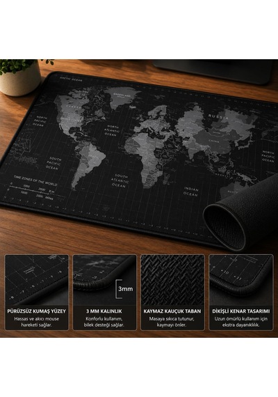 90x40 Cm Mouse Pad, Dünya Haritası Desenli Büyük Mouse Pad, Kaymaz Kauçuk Tabanlı, Dikişli Kenarlı 3 Mm Klavye Ve Mouse Altlığı, Xxl Desk Mat, Ofis Ve Gaming Masa Pedi