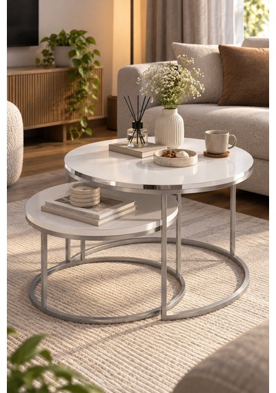 Sulorahome Gümüş Metal Ayaklı Beyaz 2'li Yuvarlak Orta Sehpa Seti
