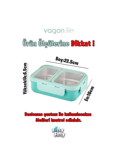 Vagonlife Bento 700ml Tek Katlı 2 Bölmeli Chopstick Ve Kaşıklı Çelik Yemek Kutusu Turkuaz Beyaz