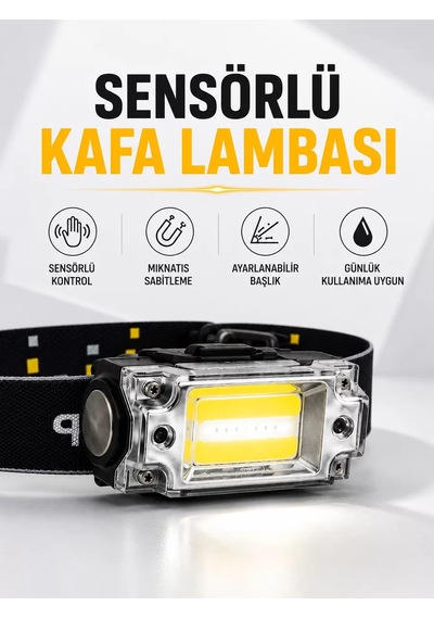 Sensör Kontrollü Şarjlı Beyaz Led Kafa Lambası Ve El Feneri Mh-hs0175-4647