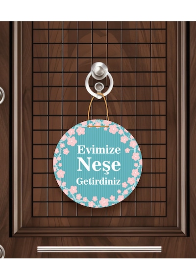 Evimize Neşe Getirdiniz" Yazılı Mdf Kapı Süsü 22.5 Cm Dekoratif Halat Askılı Giriş Dekoru Gümüş