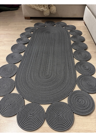 Mavaux Oval Papatya Hasır Jüt Çiçek Desenli Kilim Halı Antrasit