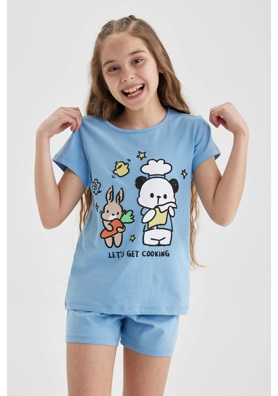 Defacto Kız Çocuk Baskılı Kısa Kollu Şortlu Pijama Takım A1365a823smbe761 Mavi