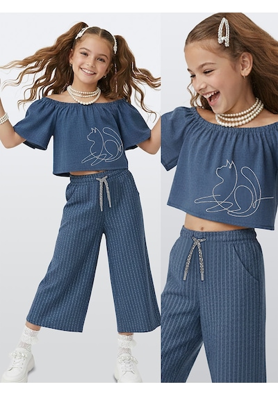 Denokids Romantik Kedi Kız Çocuk Bluz Pantolon Takım Çok Renkli