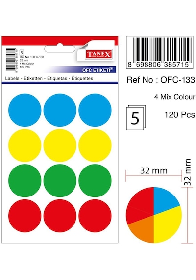 Tanex Ofc-133 Mıx Color Ofis Etiketi 30MM 60 Adet