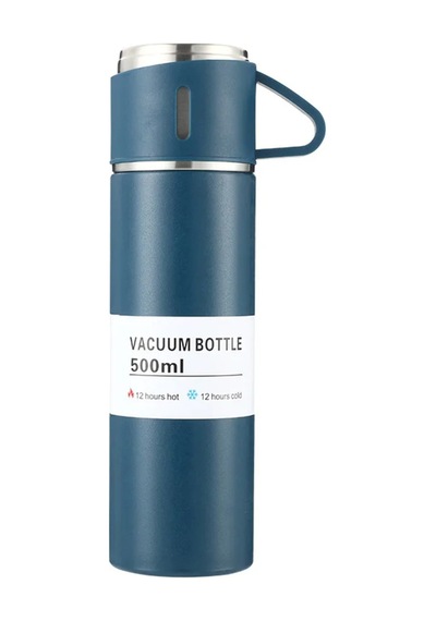 Paslanmaz Çelik 3 Bardaklı Vakumlu Termos Set 500 Ml, 12 Saate Kadar Isı Koruma Termos Mavi Mavi