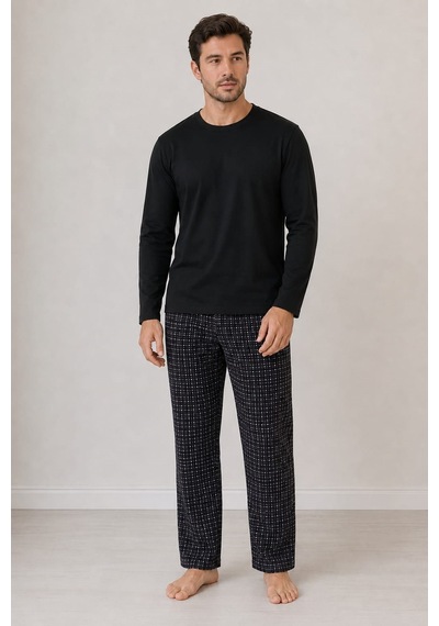 Pemilo Erkek 7122 İnterlok %100 Pamuk Pijama Takım Siyah