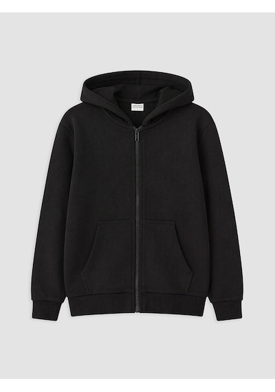 LC Waikiki Lcw Kids Siyah Kapüşonlu Erkek Çocuk Fermuarlı Sweatshirt New Blakız Çocuk