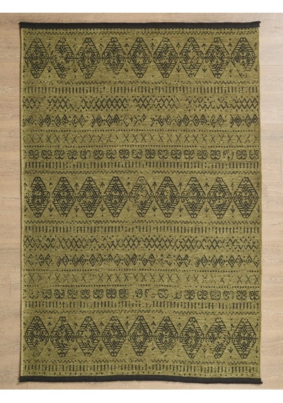 Bohem Tarz Dekoratif Pamuk Taban Şönil Kilim Yeşil Renk Halı