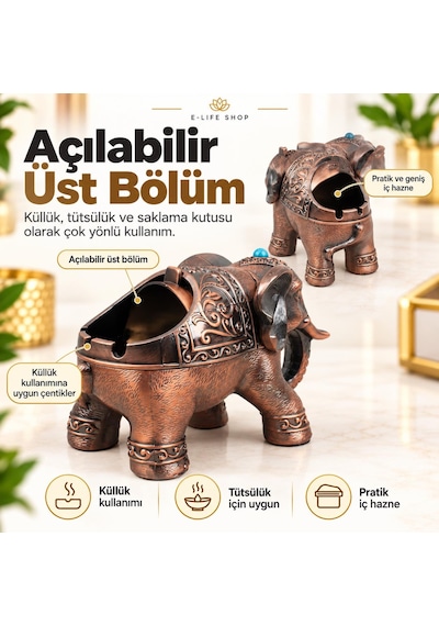 Lüks Alaşım Metal Fil Figürlü Kapaklı Dekoratif Küllük Ve Takı Saklama Kutusu Metal Biblo 18 X 12 Cm