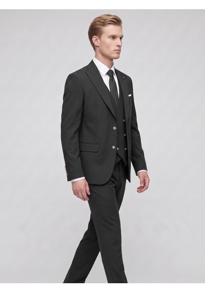 Erkek 3 Parça Slim Fit Takım Elbise Kruvaze Yelekli Modern Kesim Şık Takım Siyah
