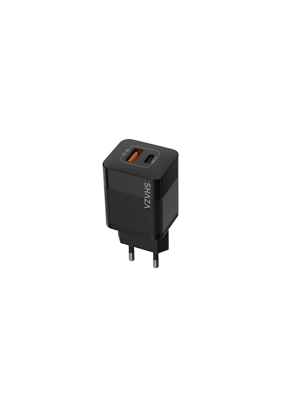 Shaza Çift Çıkışlı Usb Qc3.0& Type-c Pd Gan 20w Şarj Adaptörü Siyah
