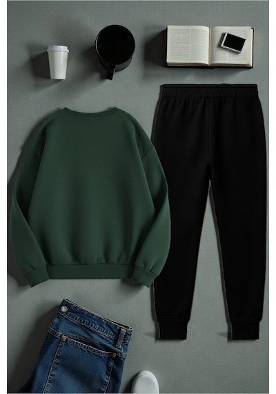 Uyguntarz Unisex Today İs The Perfect Tasarım Basklı Bisiklet Yaka Sweatshirt - 2'li Eşofman Takımı Yeşil