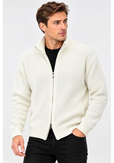 Classics Men Turbulance Slim Fit Erkek Tam Fermuarlı Triko Ceket - 7834 Beyaz