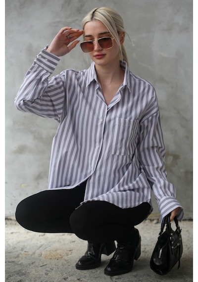 Madmext Gri Çizgili Oversize Kadın Gömlek Mg1688-gri Gri