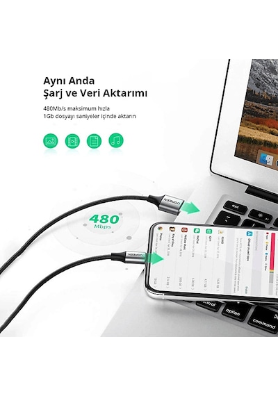 Ugreen Lightning To Usb-a Örgülü Mfi Sertifikalı Hızlı Şarj Kablosu 2 M Siyah