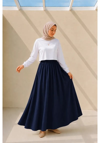 Kadın Lacivert Cepli Beli Lastikli Poplin Uzun Etek 90 Cm