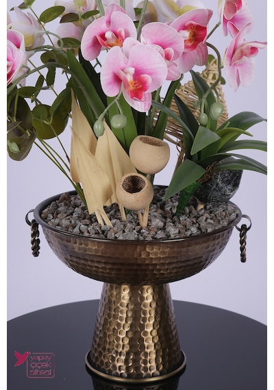 Yapay Çiçek Sitesi Metal Bronz Küpeli Saksıda Yapay Tropikal Orkide Bahçesi Tanzimi 60 Cm Pembe Beyaz