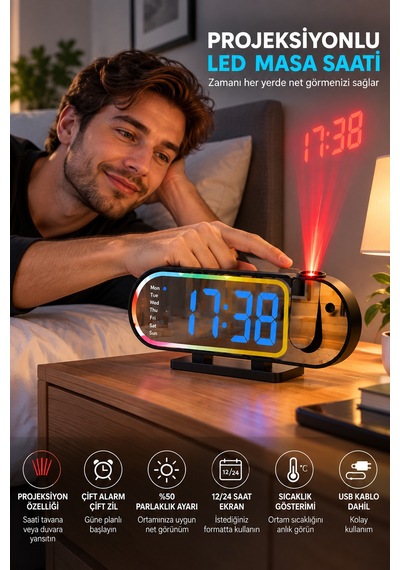 Modern Led Masa Saati Dijital Ekranlı Alarm Parlaklık Ayarlı 12 24 Saat Sıcaklık Göstergeli Sarı