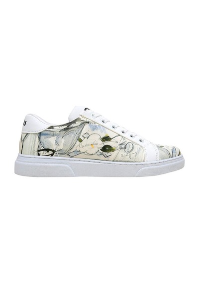 Kadın Vegan Deri Beyaz Sneakers - Hartley's Flower Tasarım Çok Renkli