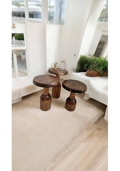 Wood Ahşap 3 Lü Set Mantar Yan Sehpa Konik Model / Ceviz Renk / Zigon Sehpa Kahverengi