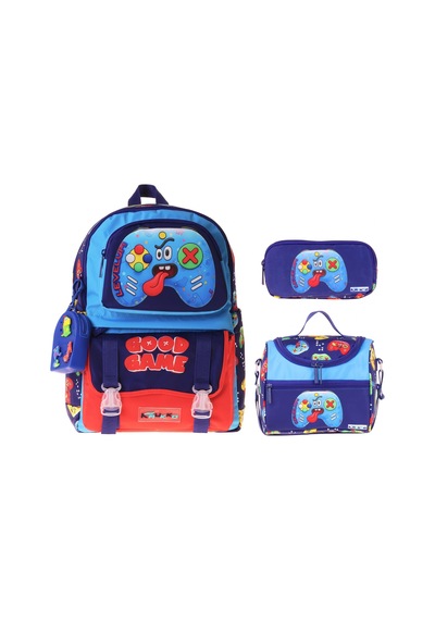 Kaukko Kids Good Game Lacivert - Kırmızı Renk Erkek Çocuk Üçlü İlkokul Okul Çantası Seti/takımı - Setkk-l5389a Çok Renkli