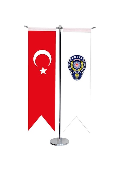 Masa Üstü Kırlangıç Polis Arması + Türk Bayrağı + Krom T Direk Ma