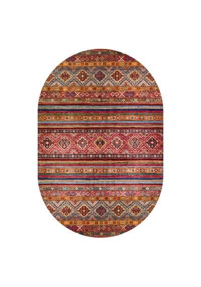 Etnik Kilim Desenli Pamuk Taban Yıkanabilir Baskılı Dekoratif Oval Halı Kırmızı
