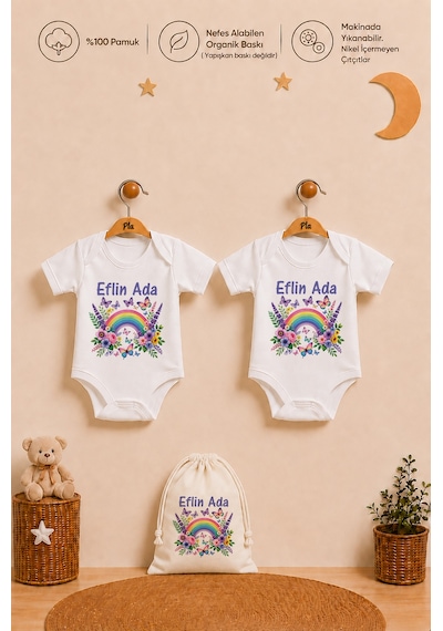 Pia Baby İsme Özel Kız Bebek Hediyesi 2'li %100 Pamuk Organik Baskılı Çıtçıtlı Body Zıbın Ve Ham Bez Kıyafet Kesesi 1045b2k0x Ekru