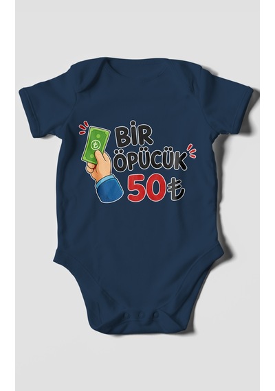 Morivokids Bir Öpücük 50tl Kısa Kollu Bebek Body %100 Pamuk Lacivert