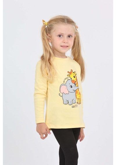 Toontoy Kız Çocuk Zürafa Fil Baskılı Sweatshirt Açık Sarı