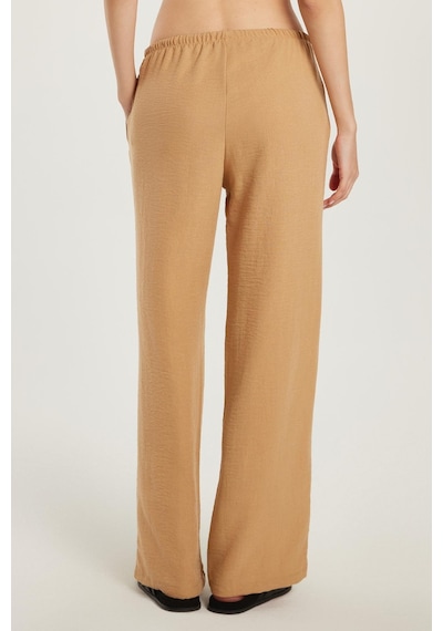 Tudors Kadın Regular Fit Beli Bağlamalı Keten Geniş Paça Bej Pantolon-33416 Bej