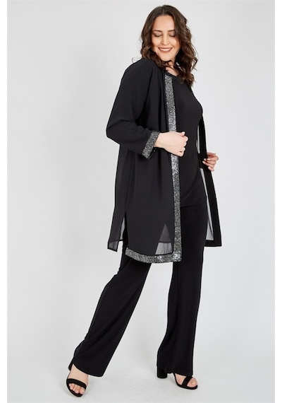 Ladies First Ladıes Fırst Büyük Beden 3552 Siyah Gümüş Ceket+Bluz+Pantolon