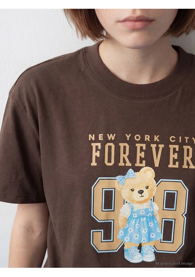 Lcw Modest Kahverengi New York Baskılı %100 Pamuklu Kadın Tişört