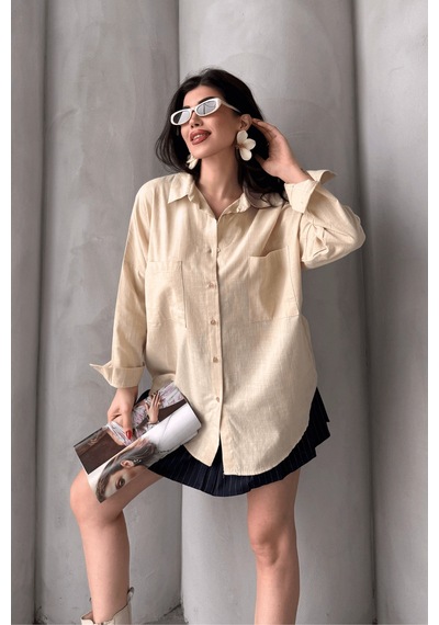 Paw Garage Kadın Harper Çift Cepli Oversize Keten Gömlek, 2025 Summer Collection Taş