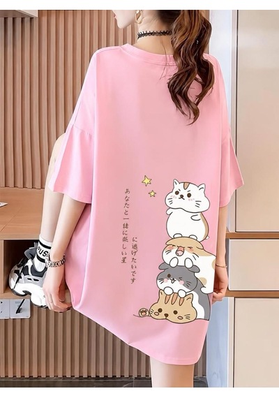 Harajuku Japon Yazılı Kedi Tasarımlı Unisex Oversize T-shirt Pembe