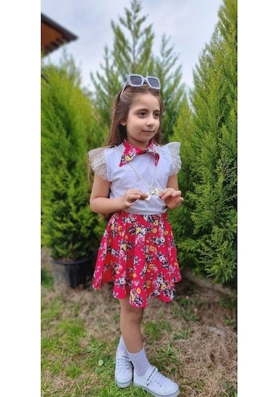 MODAVALS DANTELLİ KOLYELİ ÇİÇEK DESENLİ KIZ ÇOCUK ETEKLİ KOMBİN - KIRMIZI Çok Renkli