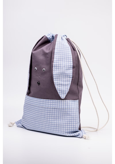 Fabric Craft Bag Tavşan Figürlü Çocuk Bez Çanta Mavi Kareli 33x45 Cm Büzgülü Koyu Gri