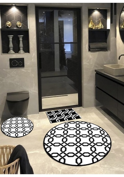 Zincir, Pamuk Dokuma Taban Yuvarlak Banyo Halısı 100x100-60x60-40x60 Cm 3 Lü Set Arb8076 Siyah