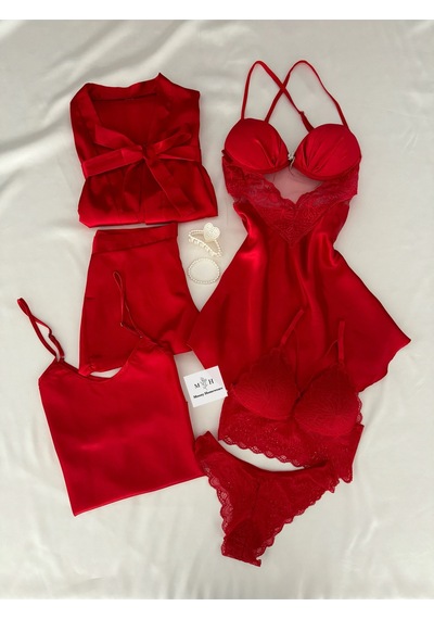 Mh Moony Homewears Kutulu Omugole Kırmızı Saten Destekli Gecelik Sabahlık Pijama Çeyiz Seti Kırmızı