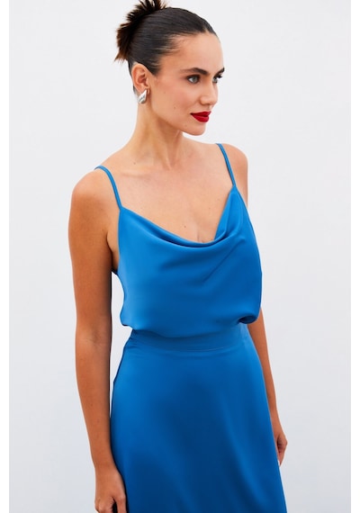 Sateen Degaje Yaka Saten Bluz - İndigo