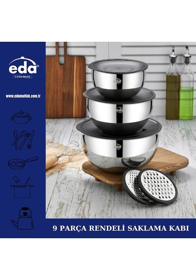 Eda Çelik 9 Parça Rendeli Saklama Kabı Seti 16-20-24 Cm Gri