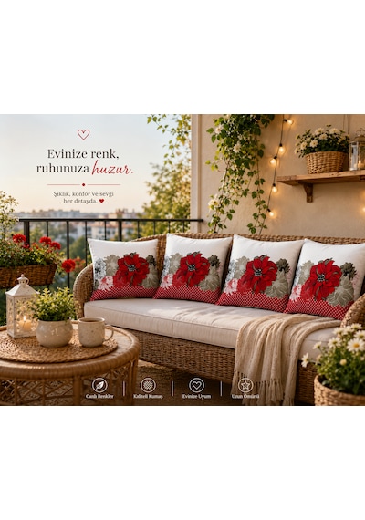 Kırlent 8 4'lü Dekoratif Kırlent Kılıfı Seti 45x45 Cm Kırmızı Çiçek Desenli Modern Salon Ve Koltuk Yastık Kılıfı Gizli Fermuarlı Çok Renkli