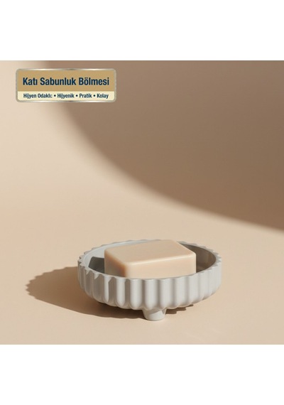 3 Parça Banyo Seti Modern Çizgili Tasarım Sıvı Sabunluk Diş Fırçalık Katı Sabunluk Gri