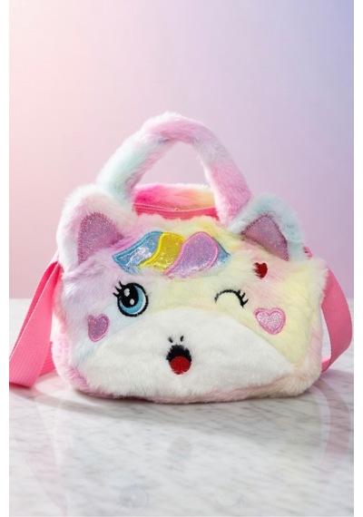 Mollycrush Kız Çocuk Renkli Peluş Çanta Unicorn Tasarımlı Ayarlanabilir Askılı Omuz Ve El Çantası Beyaz