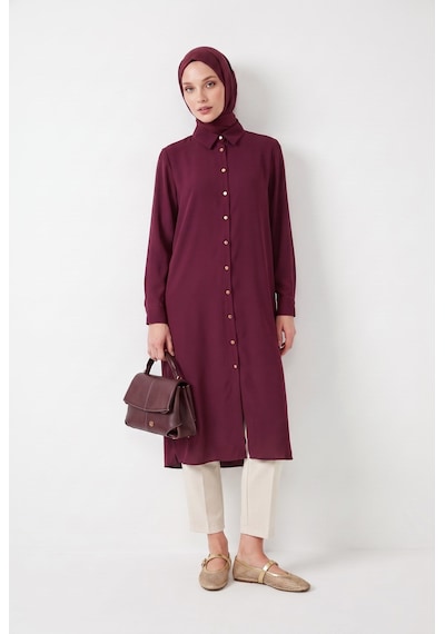 Armine Trend Düğme Detaylı Gömlek Yakalı Uzun Tunik Mürdüm 26yt484