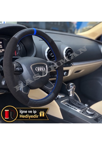 Audi A7 S7 Dikme Direksiyon Kılıfı Alcantara Süet Mat Karbon Mavi Yüzük Ve Dikiş 2010-2018 Siyah